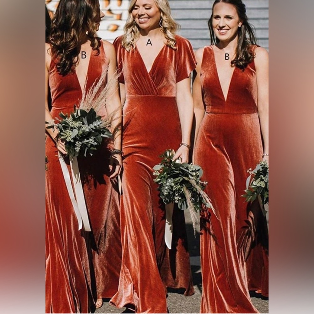 David’s bridal velvet flutter sleeve bridesmaid dress. Color cinnamon size 6